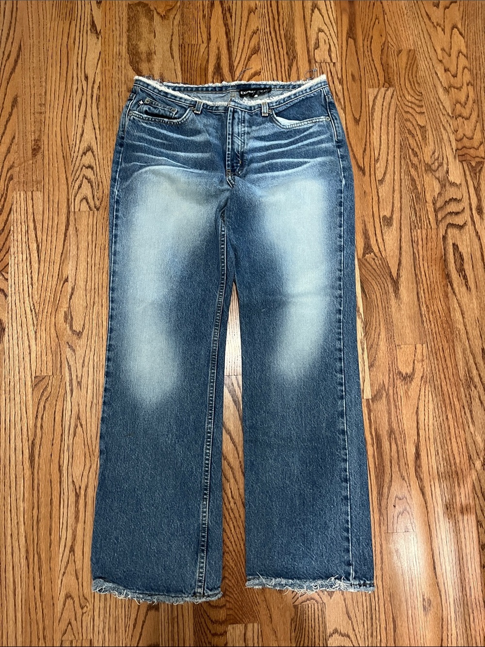 Express Blue Washed Y2K Low Rise Jeans with Frayed Hems